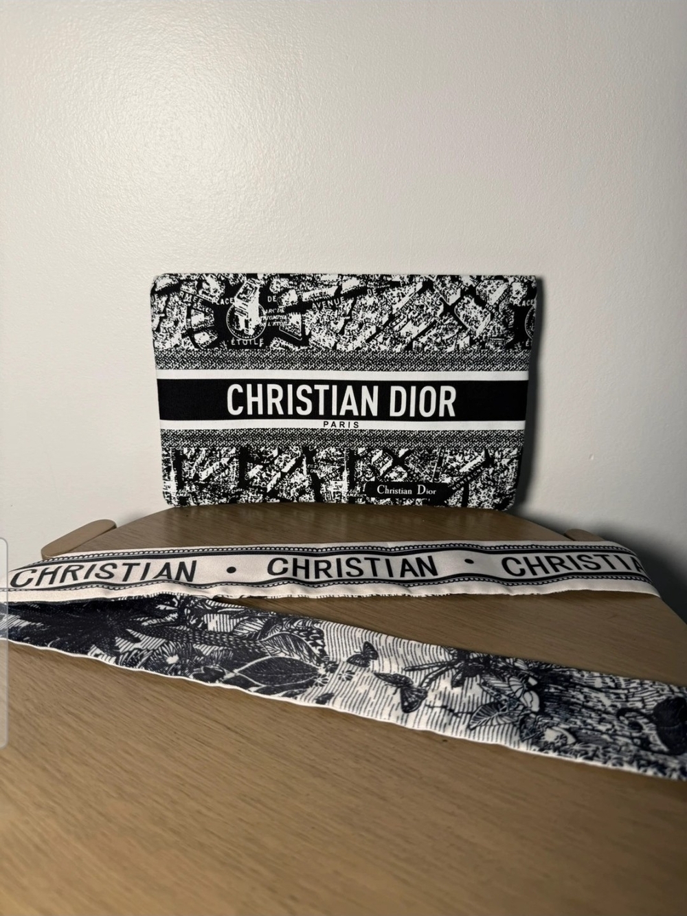 Dior Black and White Logo Scarf with Branded Ribbon